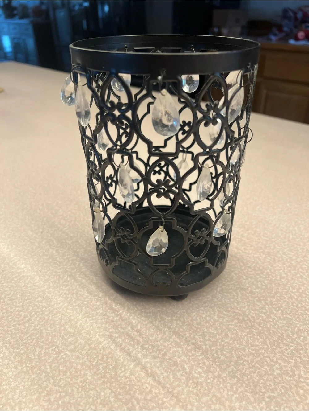 Elegant Black Metal Tealight Holder with Crystal Droplets